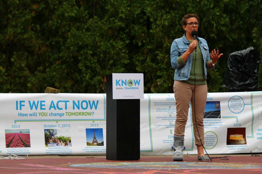 Marie McConnell, a Climate Reality Project campaign member, speaks during Friday's day of action campaign for Know Tomorrow. Credit: Ris Twigg / For The Lantern