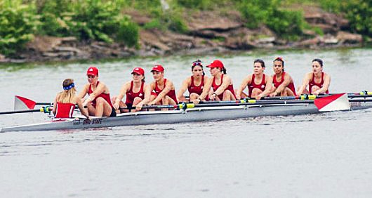 The Ohio State women’s rowing team competes on May 30, 2015 at the NCAA qualifying round in Gold River, Calif. Credit: Courtesy of OSU Athletics