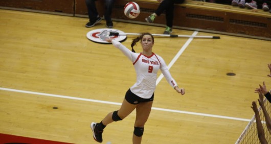 OSU sophomore outside hitter Audra Appold (9) during a game against Purdue on Oct. 16 at St. John Arena. Courtesy: OSU Athletics
