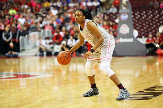 OSU then-freshman guard Kelsey Mitchell (3) dribbles the ball during a game against Indiana on Feb. 8 at the Schottenstein Center. Credit: Lantern File Photo