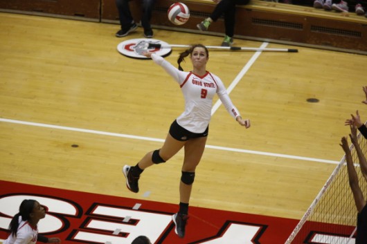 OSU freshman outside hitter Audra Appold (9) during a game against Purdue on Oct. 16 at St. John Arena. Credit: Courtesy of OSU