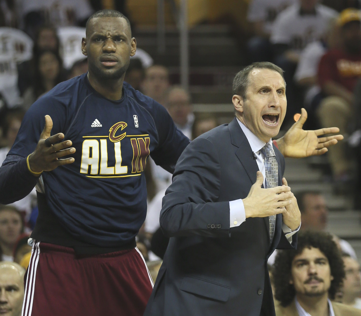 Cleveland Cavaliers' LeBron James and head coach David Blatt question an official's call during the first quarter on Sunday, April 19, 2015, at Quicken Loans Arena in Cleveland, Ohio. Credit: Courtesy of TNS 