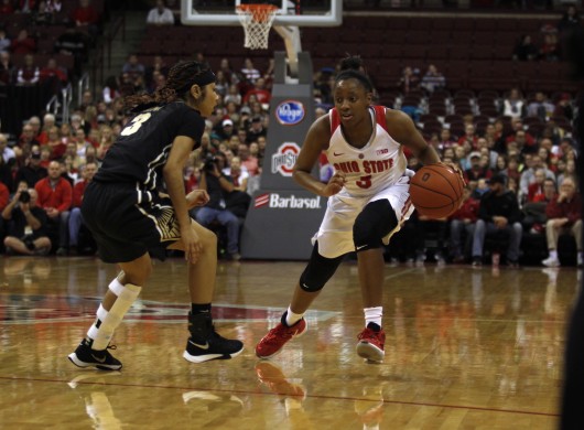 OSU sophomore guard Kelsey Mitchell (3) drives to the hoop while Purdue freshman guard Tiara Murphy (3) drives to slow her down in a game on Jan. 17 at the Schottenstein Center. OSU won, 90-70. Credit: Kevin Stankiewicz | Asst. Photo Editor 