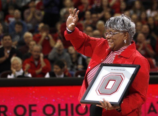 Mamie Rallins, the first African-American female coach at OSU, thanks the crowd for its applause after she received the Phyllis Bailey Career Achievement Award during a women's basketball game on Jan. 17. Credit: Kevin Stankiewicz | Asst. Sports Editor 