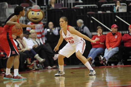 OSU senior guard Cait Craft (13) defends during a game against Rutgers on Jan. 10 at the Schottenstein Center. Credit: Samantha Hollingshead | Photo Editor 