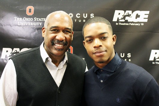 OSU Director of Athletics and Vice President Gene Smith and actor Stephan James, who plays Jesse Owens in the movie “Race,” at the Feb. 15 showing at the Mershon Center. Credit: Michael Huson / Campus Editor