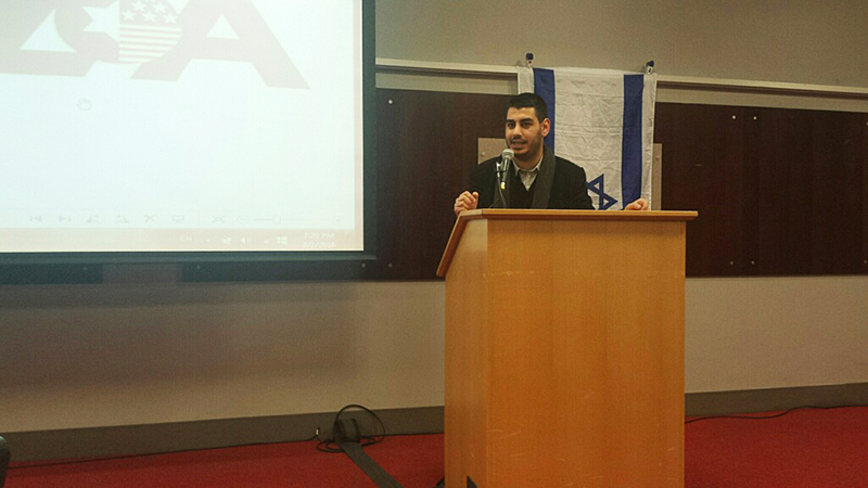 Jonathan Elkhoury speaks at the Ohio Union during a Buckeyes for Israel event on Feb. 2. Credit: Joely Friedman | Senior Lantern Reporter