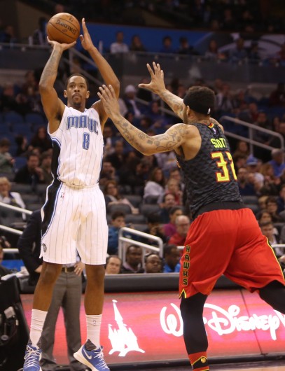 Then-Orlando Magic forward Channing Frye (8) takes a shot against the Atlanta Hawks at Amway Center in Orlando on Feb. 7. Credit: Courtesy of TNS