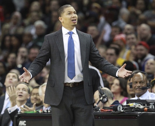 Cleveland Cavaliers head coach Tyronn Lue questions an official's call during a game on Feb. 8 at in Cleveland, Ohio. Credit: Courtesy of TNS