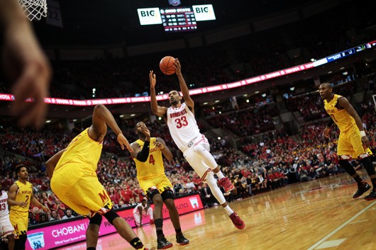 OSU sophomore Keita Bates-Diop (33) goes up for a shot during a game against Maryland on Jan. 31 at the Schottenstein Center. OSU lost, 61-66. Credit: Muyao Shen | Asst. Photo Editor