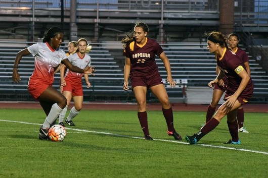 Then-junior forward Nichelle Prince (7) dribbles with the ball during a game against Minnesota on Sept. 17. Credit: Sam Harris | For The Lantern