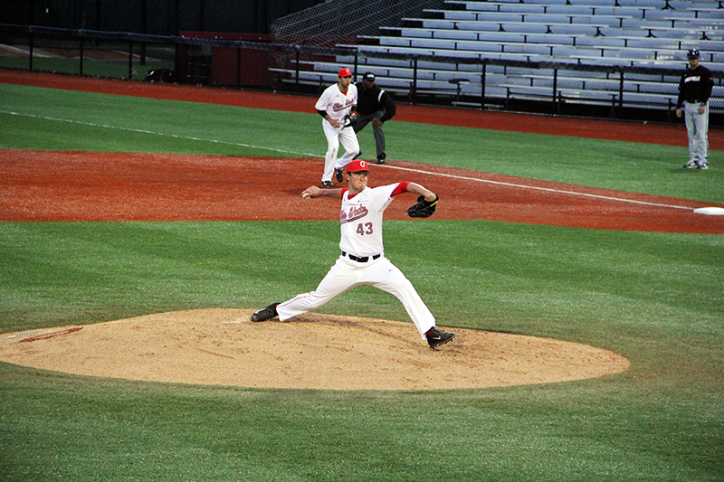OSU then-redshirt sophomore pitcher Adam Niemeyer (43) pitches during a game on April 14 at Bill Davis Stadium. Credit: Lantern File Photo 