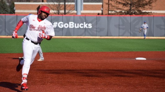 Junior left fielder Ronnie Dawson (4) rounds the bases after hitting a home run during OSU's 12-1 win over Hofstra on March 18 at Bill Davis Stadium. Credit: Giustino Bovenzi | Lantern reporter