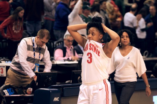 OSU sophomore guard Kelsey Mitchell (3) walks off the floor in despair after losing in the Big Ten tournament semifinals to Michigan State, 82-63, on March 5 in Indianapolis. Credit: Kevin Stankiewicz | Oller Reporter 