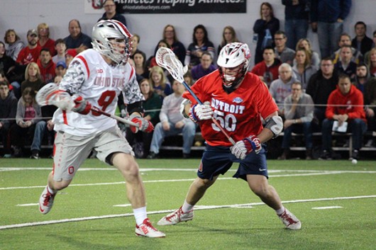 OSU junior attacker J.T. Blubaugh (9) during a game against Detroit on Feb. 13 at the Woody Hayes Athletic Center. Credit: Miles McQuinn | Lantern Photographer 