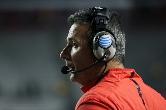 OSU coach Urban Meyer during a game against Rutgers on Oct. 24 at High Point Solutions Stadium in Piscataway, New Jersey. Credit: Samantha Hollingshead / Photo Editor 