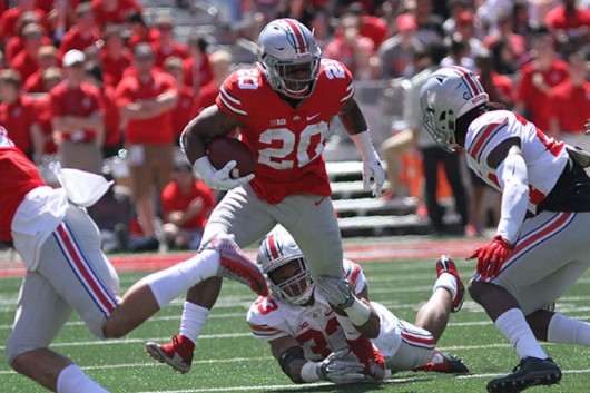 OSU redshirt freshman running back Mike Weber (20) carries the ball during the spring game on April 16 at Ohio Stadium. Credit: Lantern file photo
