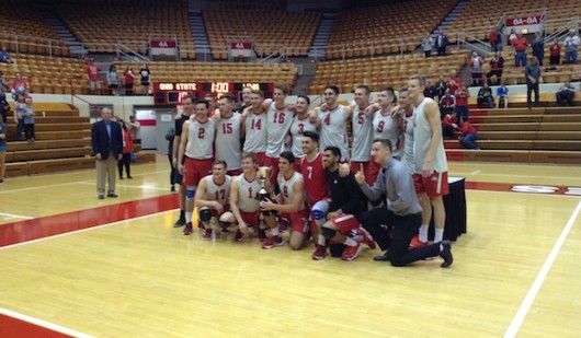 The OSU men's volleyball team poses for a picture after defeating Lewis in five sets for the MIVA championship at St. John Arena on April 23. Credit: Matt Wilkes | Senior Lantern reporter