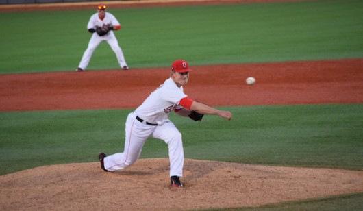 OSU redshirt sophomore Austin Woodby (30) fires a pitch during a game against Morehead State at Bill Davis Stadium on April 12. OSU won 1-0. Credit: Giustino Bovenzi | Lantern reporter
