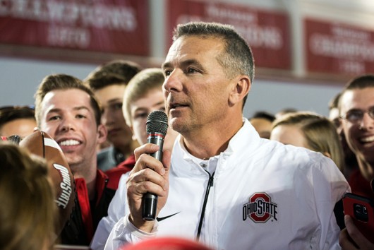 Urban Meyer speaks at the 2016 Student Appreciation Day on April 2 at the Woody Hayes Athletic Center. Credit: Judy Won | For The Lantern