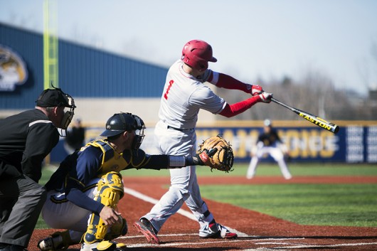 OSU freshman designated hitter Brad Cherry (1) swings at a pitch during a game against Kent State on April 5 in Kent, Ohio. OSU lost, 8-3. Credit: Courtesy of Matt Baker | The Kent Stater