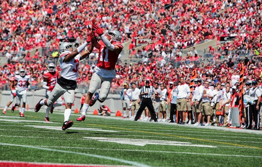 OSU freshman wide receiver Austin Mack (11) attempts to catch the ball during the spring game on April 16 at Ohio Stadium. Credit: Lantern File Photo