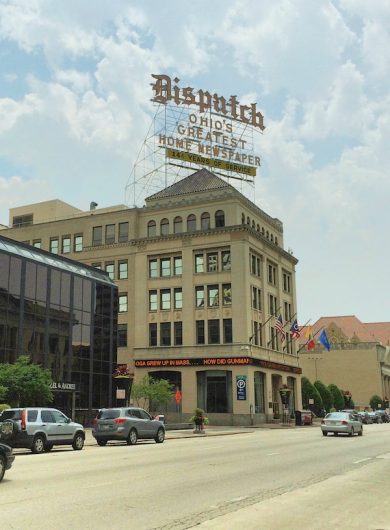 The buidling housing the old Columbus Dispatch headquarters, at the iconic Dispatch sign, sits at 34 S. Third St. Credit: Nick Roll | Campus Editor