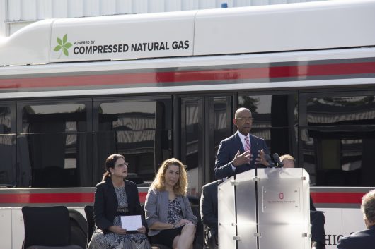 University President Michael Drake speaks at the groundbreaking ceremony for Ohio State's new, $3 million compressed natural gas fueling station. Credit: Courtesy of the Office of Administration and Planning