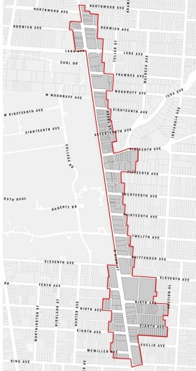 An outline shows the boundaries of the Special Improvement District within the University District, as designated by the City of Columbus. Credit: Courtesy of Matt Hansen