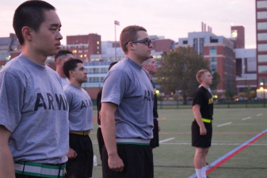 ROTC cadets stand at attention on the turf fields by Lincoln Tower on Sept. 8. Credit: Tim Hayes | For The Lantern
