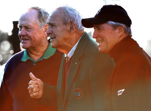 Honorary Starters Jack Nicklaus (left), Arnold Palmer (center) and Gary Player (right) pose for photographs at Augusta National Golf Club on April 7, 2016 Augusta, Ga. Courtesy: TNS