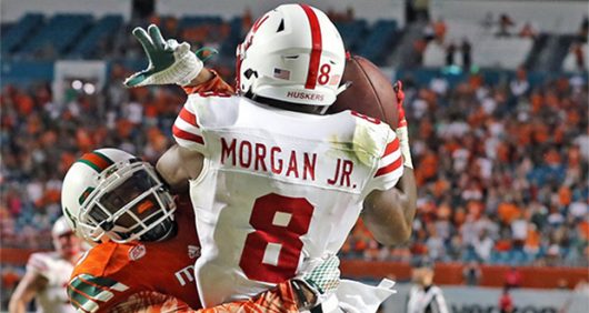 Nebraska then freshman wide receiver Stanley Morgan Jr. attempts a touchdown catch in the fourth quarter at Sun Life Stadium in Miami Gardens, Florida on Sept. 19, 2015. Courtesy of TNS