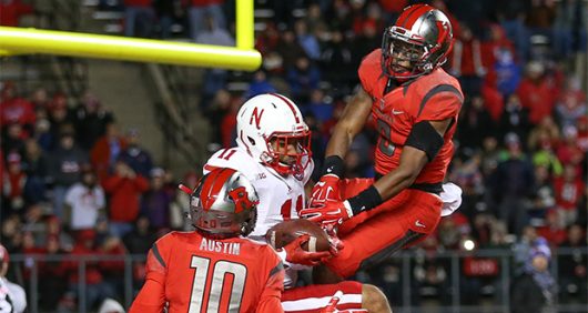 Nebraska Cornhuskers tight end CETHAN CARTER (11) holds on for a touchdown in the end zone during the 3rd quarter of an NCAA football game against the Rutgers Scarlet Knights at High Point Solutions Stadium. (Credit Image: © Mike Langish/CSM via ZUMA Wire)