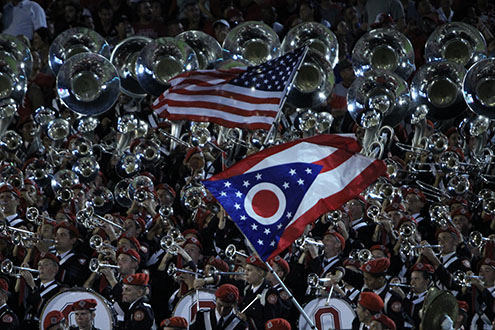 The Ohio State University Marching Band performs during a game against Oklahoma in Norman, Oklahoma. OSU won 45-24. Credit: Alexa Mavrogianis | Photo Editor