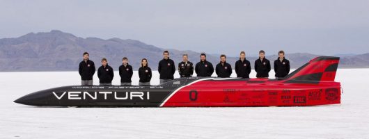 Ohio State’s 2016 Venturi Buckeye Bullet 3 team stands next to its record-setting electric vehicle at the Bonneville Salt Flats in Utah. Credit: Center for Automotive Research