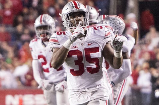 OSU junior linebacker Chris Worley (35) quiets opposing fans after an interception in the first half during the Buckeyes game against the Wisconsin Badgers on Oct. 15. The Buckeyes won 30-23 in overtime. Credit: Alexa Mavrogianis | Photo Editor