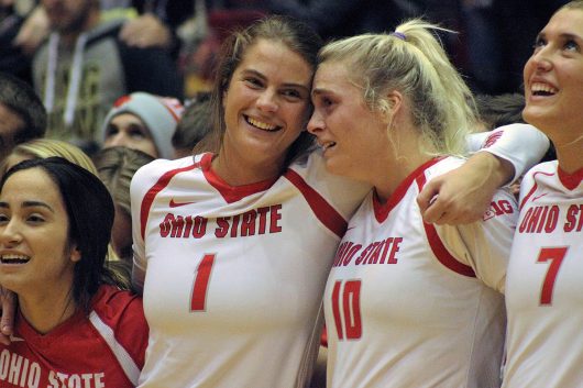 Emotions ran high after Ohio State won a match against Penn State on Nov. 12. Credit: Jenna Leinasars | Assistant News Director