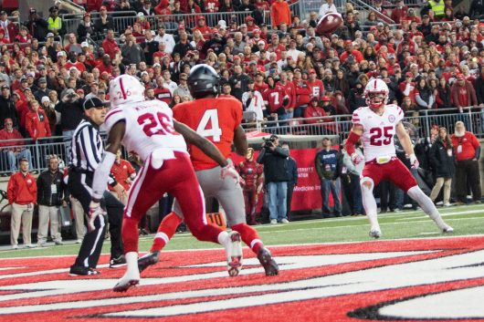 OSU junior H-back Curtis Samuel (4) watches the ball before his touchdown catch during first half of the Buckeyes game against Nebraska on Nov. 5. The Buckeyes won 62-3. Credit: Alexa Mavrogianis | Photo Editor