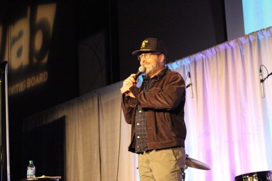 Comedian H. Jon Benjamin speaks to the sold-out crowd at the Ohio Union grand ballroom on Nov. 4. Credit: Rachel Bules | Lantern reporter