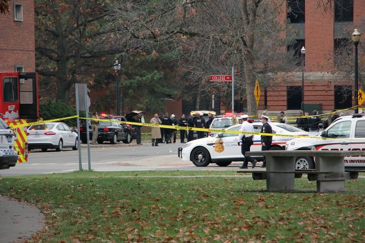 Police vehicles line up alongside College Road after the attack on Ohio State's campus on Nov. 28. Credit: Mason Swires | Assistant Photo Editor