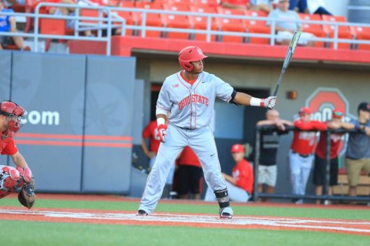 Junior outfielder Noah McGowan steps to the plate during the Scarlet and Gray World Series on October 7, 2016 at Bill Davis Stadium. Credit: Courtesy of OSU Athletics