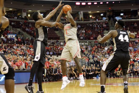 OSU junior forward Jae'Sean Tate (1) shoots the ball during the Buckeyes' 72-67 win over Providence on Nov. 17. Credit: Ashley Nelson | Sports Director