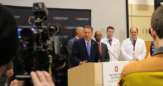 Governor John Kasich and Univeristy President Michael Drake speak at a press conference following the attacks on Ohio State's campus. Credit: Dan Smyth | Lantern Reporter
