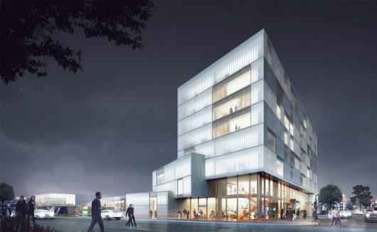 An eight-story hotel is proposed for the corner of North High Street and West Eighth Avenue with plans for retail space and a library. Credit: Courtesy of NBBJ.