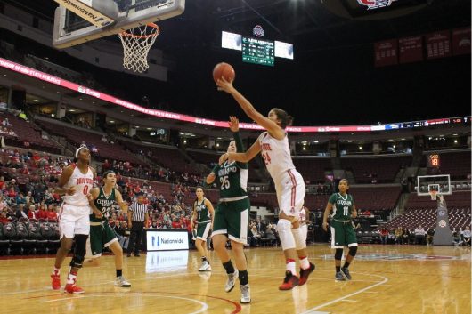 OSU redshirt sophomore Makayla Waterman (25) attempts a shot during the Buckeyes' game against Cleveland State on Nov. 16. Credit: Carlee Frank | For The Lantern